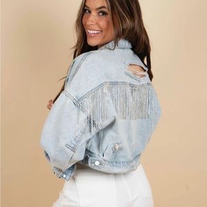 Light blue denim fringe rhinestone jacket